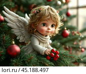 Little angel on a Christmas tree. Christmas Eve is the day before the Nativity of Christ. Christmas Eve falls on January 6 (December 24). Christmas card. Стоковое AI-изображение, AI-художник Сергей Елизарьев / Фотобанк Лори