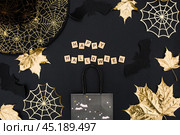 The inscription happy Halloween. Modern background with black bats, Golden leaves, cobwebs and wooden letters. Halloween with copy space for text. Flat lay, top. Стоковое фото, фотограф Photojuli / Фотобанк Лори