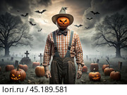 The concept of the Halloween holiday. Horror. Fear. A scary scarecrow with a pumpkin for a head, in a plaid shirt and a bow tie. Banner, postcard. Стоковое AI-изображение, AI-художник Photojuli / Фотобанк Лори