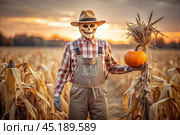The concept of the Halloween holiday. Horror. Fear. A scary scarecrow with a pumpkin for a head, in a plaid shirt and a bow tie. Banner, postcard. Стоковое AI-изображение, AI-художник Photojuli / Фотобанк Лори