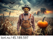The concept of the Halloween holiday. Horror. Fear. A scary scarecrow with a pumpkin for a head, in a plaid shirt and a bow tie. Banner, postcard. Стоковое AI-изображение, AI-художник Photojuli / Фотобанк Лори