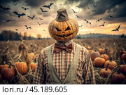 The concept of the Halloween holiday. Horror. Fear. A scary scarecrow with a pumpkin for a head, in a plaid shirt and a bow tie. Banner, postcard. Стоковое AI-изображение, AI-художник Photojuli / Фотобанк Лори