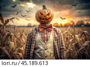 The concept of the Halloween holiday. Horror. Fear. A scary scarecrow with a pumpkin for a head, in a plaid shirt and a bow tie. Banner, postcard. Стоковое AI-изображение, AI-художник Photojuli / Фотобанк Лори