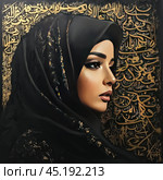 A beautiful young woman in a black hijab, against a wall with Arabic calligraphy in golden lines. Her face is in profile, highlighting her elegant features - expressive eyes with make-up, neat eyebrows and soft lips. The black hijab is richly decorated with golden elements, which harmonizes with the background, creating a sense of luxury and sophistication. The calligraphy in the background adds an oriental flavor and gives the image a spiritual and cultural subtext. The photograph symbolizes beauty, femininity and respect for traditions. Стоковое AI-изображение, AI-художник Анна Кривицкая / Фотобанк Лори