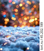 Sparkling fallen snow against the background of multi-colored lights. Festive atmosphere of the New Year. New Year's background for creativity. Стоковое AI-изображение, AI-художник Сергей Елизарьев / Фотобанк Лори