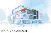 Concept of a modern architectural project. Mixed media is a combination of a drawing and a 3D visualization of the building. Glass facades, clear lines and modern design elements make this project an attractive example of urban architecture. Part of the building is drawn as a schematic drawing with technical details, and the other part is in photorealistic form, which demonstrates the design process from idea to implementation. Стоковое AI-изображение, AI-художник Анна Кривицкая / Фотобанк Лори