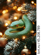 Green snake resting on an illuminated christmas tree branch, symbol of 2025 according to the Chinese calendar. Стоковое AI-изображение, AI-художник Ольга Ильина / Фотобанк Лори