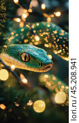 Green snake resting on an illuminated christmas tree branch, symbol of 2025 according to the Chinese calendar. Стоковое AI-изображение, AI-художник Ольга Ильина / Фотобанк Лори