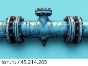 A close-up of a metal pipe with rust painted blue. The pipe is connected with bolts and flanges, which emphasize the industrial nature of the image. The background is light blue, which contrasts with the rust on the pipe, emphasizing its texture and wear. This shot is ideal for illustrating materials dedicated to industry, infrastructure, or engineering systems. Стоковое AI-изображение, AI-художник Анна Кривицкая / Фотобанк Лори