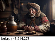 An elderly man in traditional Russian clothing sitting at a wooden table in an old hut. On the table are a metal teapot, ceramic dishes and pieces of bread. The man is dressed in a warm caftan with a fur hat, which emphasizes the historical and ethnographic atmosphere of the frame. The lighting in the room is soft and subdued, giving the scene a cozy and calm atmosphere. This photograph creates the impression of a calm and measured life in a traditional Russian village. Стоковое AI-изображение, AI-художник Анна Кривицкая / Фотобанк Лори