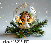 Little angel on the tree, Christmas tree toy, ball. Christmas card. Стоковое AI-изображение, AI-художник Сергей Елизарьев / Фотобанк Лори