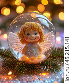 Little angel on the tree, Christmas tree toy, ball. Christmas card. Стоковое AI-изображение, AI-художник Сергей Елизарьев / Фотобанк Лори