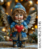 Little angel at the Christmas tree. Colorful New Year toys, papier-mache. Christmas card. Стоковое AI-изображение, AI-художник Сергей Елизарьев / Фотобанк Лори