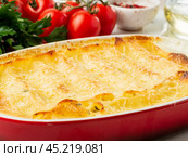 Cannelloni with filling of ricotta and parsley, baked with b chamel sauce, side view, white marble background. Стоковое фото, фотограф Natalia Gdovskaia / Фотобанк Лори