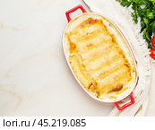 Cannelloni with filling of ricotta and parsley, baked with b chamel sauce. Стоковое фото, фотограф Natalia Gdovskaia / Фотобанк Лори
