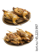 Fried woodcocks on a plate on a white background. Стоковое фото, фотограф Ласточкин Евгений / Фотобанк Лори