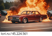 Burning car. Fire of a passenger car in a city parking lot. Fire in the engine compartment, short circuit in the wiring. Open fire and black smoke. Road incident. Gangster mafia wars, AI. Стоковое AI-изображение, AI-художник Sergey Grishin / Фотобанк Лори