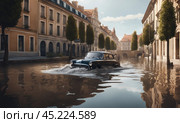 Flooding in european country, washed out street, destroyed furniture, cars floating in the water. Flooding river flooded town house. Natural disaster, global heating concept, AI. Стоковое AI-изображение, AI-художник Sergey Grishin / Фотобанк Лори