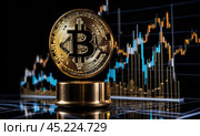 Bitcoin to the moon, bullish BTC, investment in BTC cryptocurrency increases high value, abstract, gold medal floating, candlestick graphs and bright green arrows on the back, AI. Стоковое AI-изображение, AI-художник Sergey Grishin / Фотобанк Лори