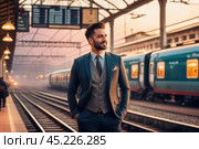 A well-dressed man stands confidently at a busy train station during dusk, ready to embark on his journey. Стоковое фото, фотограф Sergey Grishin / Фотобанк Лори