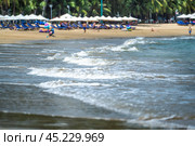 Blurred backdrop of sandy beach unveils serene scene with gently lapping waves, sunbeds, and leisurely vacationers. coastal bliss captures essence of relaxation, forming tranquil haven by sea. Стоковое фото, фотограф Павел Муравьев / Фотобанк Лори