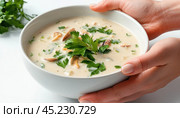 Woman holding bowl of creamy clam chowder soup with parsley garnish. Стоковое AI-изображение, AI-художник Юрий Поздников / Фотобанк Лори