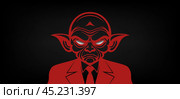 Vector graphic red portrait of a sullen evil goblin wearing a suit, tie and empty white eyes. Black isolated background. Стоковая иллюстрация, иллюстратор GAlexS / Фотобанк Лори