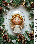 Little angel on the tree, Christmas tree toy, ball. Christmas card. Стоковое AI-изображение, AI-художник Сергей Елизарьев / Фотобанк Лори