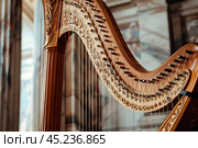 Elegant wooden harp standing on stage before concert. Стоковое AI-изображение, AI-художник Иван Рябоконь / Фотобанк Лори