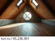 Empty attic with wooden floor and round window receiving sunlight. Стоковое AI-изображение, AI-художник Иван Рябоконь / Фотобанк Лори