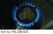Euro Coins with a Blue Gas Blaze on a Kitchen Stove. Gas Crisis. Increasing Consumption. Cost of Electricity and Expensive Energy Concept. Price Hike of Utility Bill. Annually Inflation. Home Budget. Стоковое видео, видеограф Марина Демидюк / Фотобанк Лори