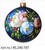 Blue Christmas ball with flowers highlighted on a white background, hand-painted. Стоковое AI-изображение, AI-художник Елена Зубкова / Фотобанк Лори