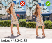 Collage two photos. Common mistakes in female posing and how to avoid them. Стоковое фото, фотограф Андрей Аркуша / Фотобанк Лори