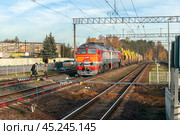 Магистральный тепловоз 2М62-0803 с составом для вывоза засорителей СЗ-240–6. Железнодорожная станция Токсово Всеволожского района Ленинградской области. Редакционное фото, фотограф Румянцева Наталия / Фотобанк Лори