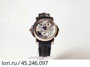 Munich, Swiss - 24 oct 2024: swiss wrist watch Ulysse Nardin SONATA Cathedral, close-up 3d. Silver wristband and bright steel dial, tachymeter, chronograph. Luxury watches concept. Copy ad text space. Редакционное фото, фотограф Aleksandr Golubev / Фотобанк Лори