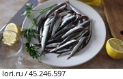 Raw anchovy fish served on plate. Стоковое видео, видеограф Яков Филимонов / Фотобанк Лори