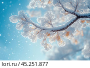 Close-up of a snow-covered tree branch covered in fluffy snow and frost. Ice crystals glitter against the blue sky, creating the effect of sparkling snowflakes falling on the branch. Frost-covered leaves add a subtle warmth to the otherwise cold winter scene, highlighting the contrast between winter and the remnants of autumn. Стоковое AI-изображение, AI-художник Анна Кривицкая / Фотобанк Лори