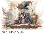A character in the style of the Mad Hatter from Alice in Wonderland, done in watercolor. He sits at a table with a book, surrounded by mysterious objects and drinks. On his head he wears a huge decorative hat with feathers and flowers, which gives his image a mysterious and eccentric look. His outfit is rich in details and includes a waistcoat, tailcoat and lace cuffs. Around the Hatter are phantasmagoric elements, smoothly flowing into each other, which creates an atmosphere of fairy tales and surrealism. The illustration is filled with details that convey the spirit of the magical world. Стоковое AI-изображение, AI-художник Анна Кривицкая / Фотобанк Лори