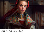 A young girl in a traditional Russian folk costume, decorated with complex embroidery and details. Her outfit is made in rich colors with ornamental elements, and beautiful earrings are visible in her ears, emphasizing her sophisticated image. She has a red scarf tied on her head, which completes the image. The lighting is soft, which adds depth to the image and emphasizes her natural beauty and aristocracy. The atmosphere of the photo conveys the spirit of antiquity, immersing you in the culture and traditions of the Russian village or nobility. Стоковое AI-изображение, AI-художник Анна Кривицкая / Фотобанк Лори