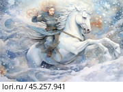 The illustration depicts a heroic horsewoman on a majestic white horse racing through a snowstorm. The girl is dressed in an outfit with elements of armor, which gives her the image of a warrior. Her flowing hair and the dynamic movement of the horse create a sense of power and swiftness. This atmospheric image in pastel shades emphasizes the winter magic and power of nature, reminiscent of myths and fairy tales. Стоковое AI-изображение, AI-художник Анна Кривицкая / Фотобанк Лори