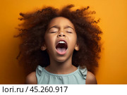 extremely whim Upset black curly haired young girl screaming and crying or or very emotional expression sings songs with opened mouth and closed eyes against color wall. Стоковое AI-изображение, AI-художник Sergey Grishin / Фотобанк Лори