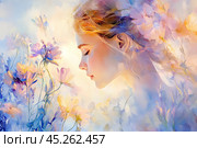 Юная девушка, портрет с лиловыми нежными цветами, двойная экспозиция. Стоковое AI-изображение, AI-художник Щеголева Ольга / Фотобанк Лори