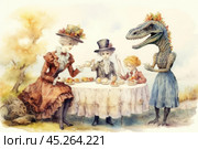 Unusual Victorian tea party. At the table sit ladies and children in old-fashioned clothes, decorated with ruffles and hats with flowers. The most amazing character is a dinosaur in a skirt, who stands next to the table and holds a cup of tea, actively participating in the event. The illustration is done in watercolor technique, adding a fairy-tale and ironic character to the scene. : Стоковое AI-изображение, AI-художник Анна Кривицкая / Фотобанк Лори
