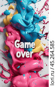 Colorful paint splashing with game over sign: symbolizing finality and the end. Стоковое AI-изображение, AI-художник Юрий Поздников / Фотобанк Лори