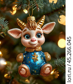 Stubborn kid goat, colorful Christmas tree toy. New Year's decor. Festive New Year's atmosphere. Стоковое AI-изображение, AI-художник Сергей Елизарьев / Фотобанк Лори