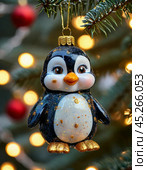 Funny penguin on the tree, bright Christmas tree toy. New Year's decor. Festive New Year's atmosphere. Стоковое AI-изображение, AI-художник Сергей Елизарьев / Фотобанк Лори
