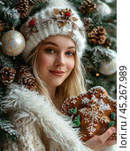 Snow Maiden with a Christmas gingerbread in her hands. New Year's decor. Festive atmosphere of the New Year. Стоковое AI-изображение, AI-художник Сергей Елизарьев / Фотобанк Лори