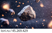 Asteroids and cosmic particles floating in space with bright stars and glowing debris during a vibrant celestial event. Стоковое AI-изображение, AI-художник Сергей Толмачёв / Фотобанк Лори