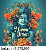 Happy Onam Greeting With Floral Illustration of Lord Vishnu. Стоковое AI-изображение, AI-художник Юлия Гапеенко / Фотобанк Лори