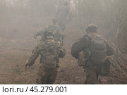 Солдаты бегут в дымном лесу. Военные в камуфляже и с оружием выполняют боевую задачу. Несколько пехотинцев в дымке. Стоковое фото, фотограф Евгений Зимин / Фотобанк Лори
